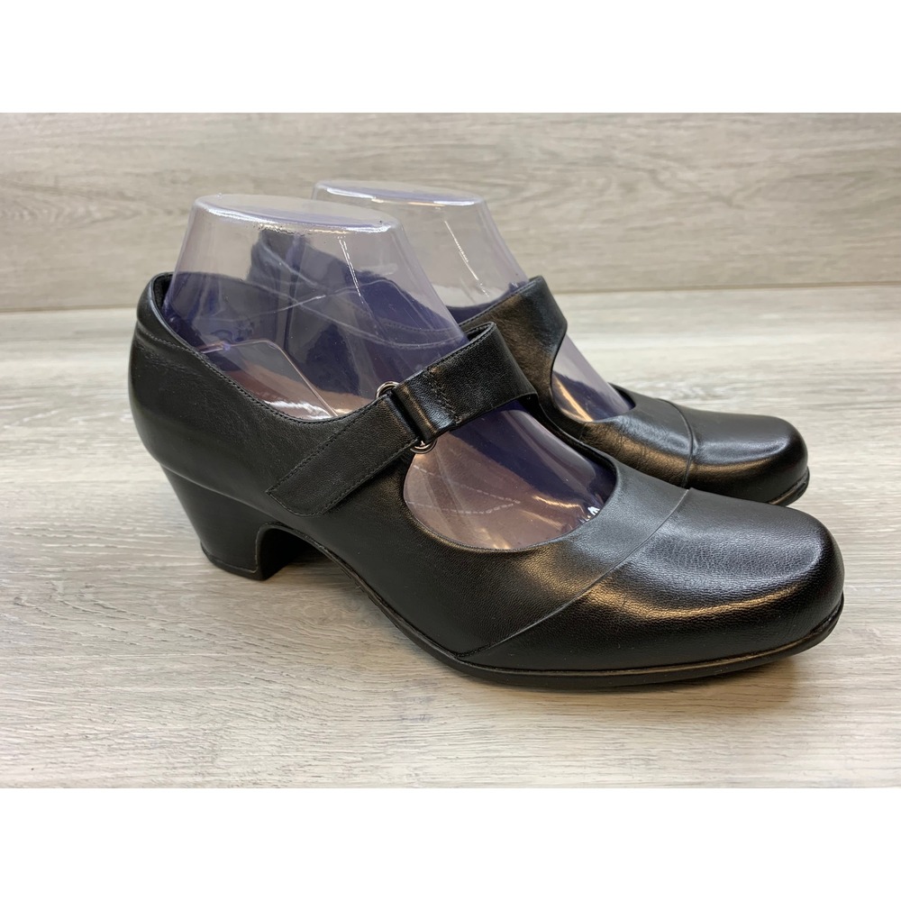 Clarks Artisan Black Leather Mary Jane Pumps Block Heel Women's 7.5 W Shoes